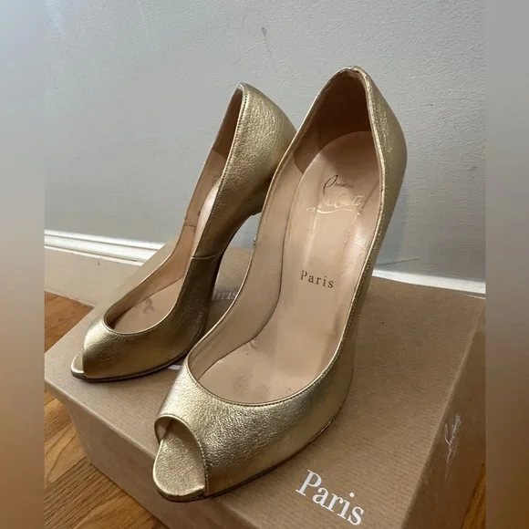 Christian Louboutin Metallic Gold Peep Toe Heels, 37.5/7 - Picture 2 of 3